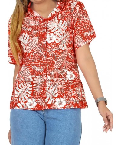 Women's Button Down Blouses Summer Hawaiian Vacation Short Sleeve Colorful Blouse Shirts for Women Leaves, Red $12.00 Blouses