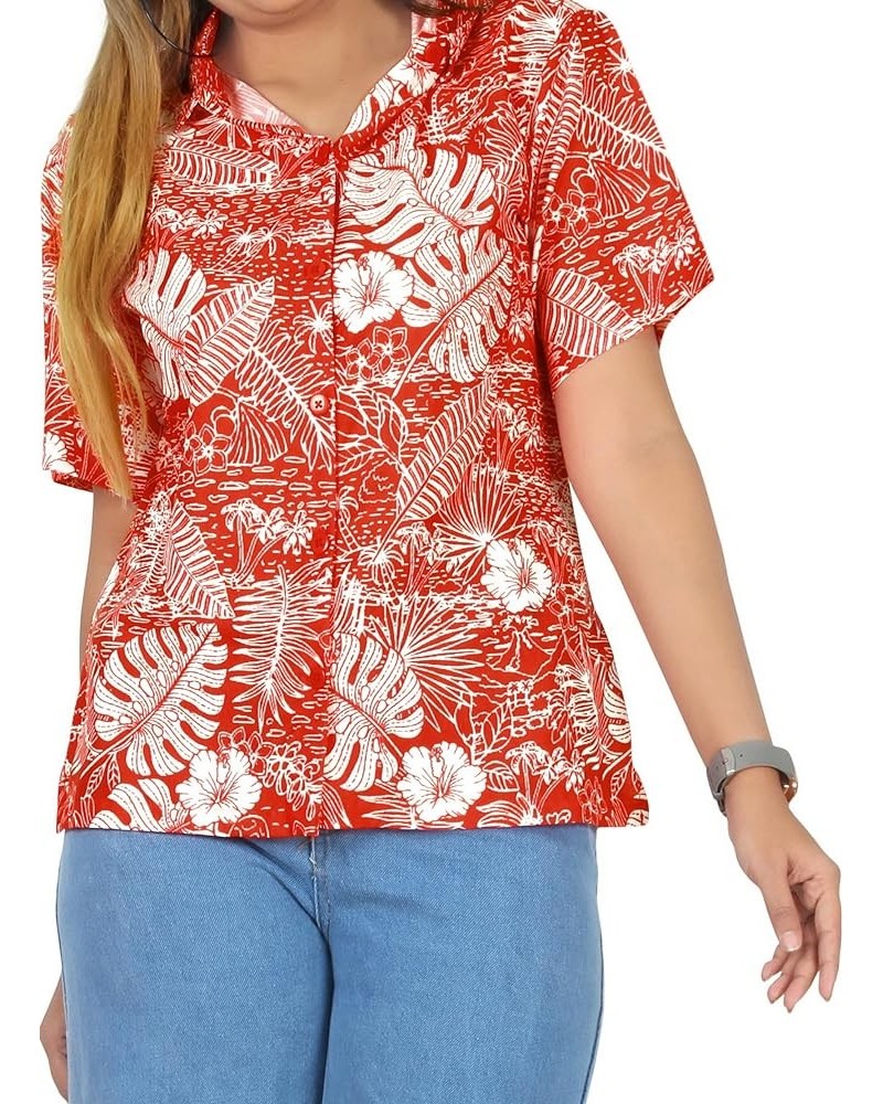 Women's Button Down Blouses Summer Hawaiian Vacation Short Sleeve Colorful Blouse Shirts for Women Leaves, Red $12.00 Blouses