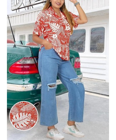 Women's Button Down Blouses Summer Hawaiian Vacation Short Sleeve Colorful Blouse Shirts for Women Leaves, Red $12.00 Blouses