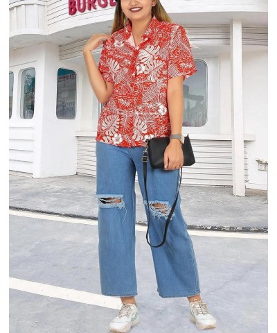 Women's Button Down Blouses Summer Hawaiian Vacation Short Sleeve Colorful Blouse Shirts for Women Leaves, Red $12.00 Blouses