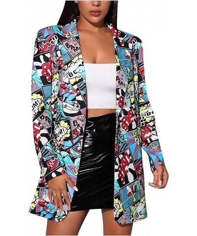 Women's Long Sleeve Lapel Blazer Fashion Print Work Office Jackets One Button Elegant Blazer Casual Outwear Blue $7.29 Suits