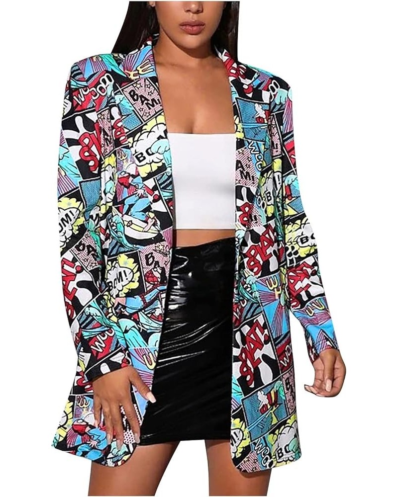 Women's Long Sleeve Lapel Blazer Fashion Print Work Office Jackets One Button Elegant Blazer Casual Outwear Blue $7.29 Suits