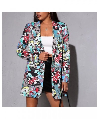 Women's Long Sleeve Lapel Blazer Fashion Print Work Office Jackets One Button Elegant Blazer Casual Outwear Blue $7.29 Suits