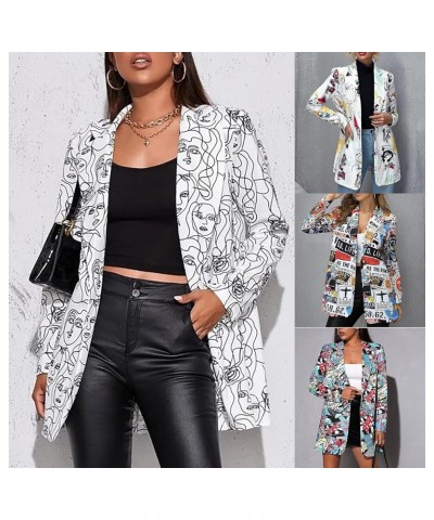 Women's Long Sleeve Lapel Blazer Fashion Print Work Office Jackets One Button Elegant Blazer Casual Outwear Blue $7.29 Suits