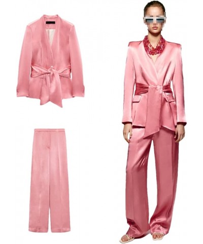 Women's Clothing Bow Silk Suit Jacket Satin High Waist Loose Wide Leg Trousers Suit E1 $48.30 Suits