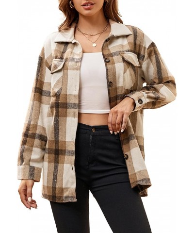 Womens Flannel Shirt Regular Long Sleeve Button Down Flannel Shirts for Women Thick Khaki/White $14.70 Blouses