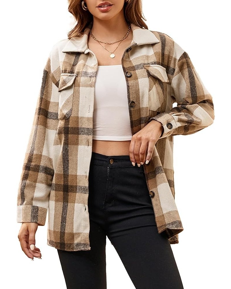 Womens Flannel Shirt Regular Long Sleeve Button Down Flannel Shirts for Women Thick Khaki/White $14.70 Blouses