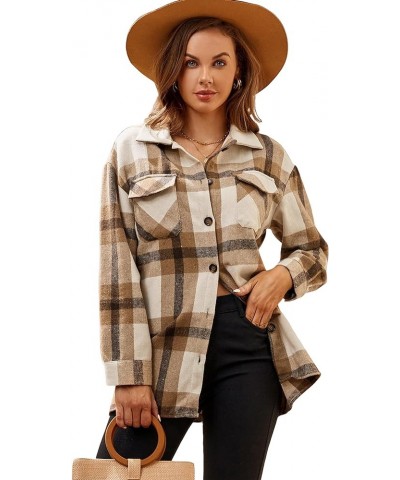 Womens Flannel Shirt Regular Long Sleeve Button Down Flannel Shirts for Women Thick Khaki/White $14.70 Blouses