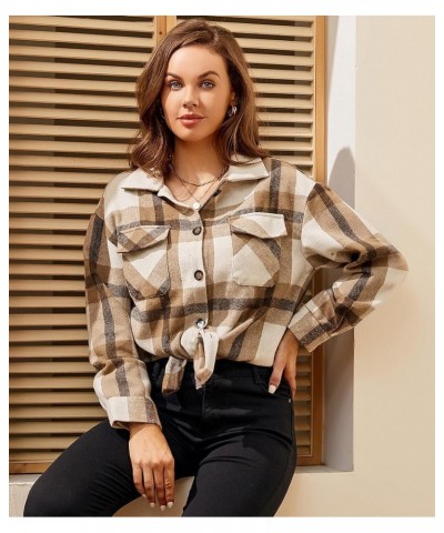 Womens Flannel Shirt Regular Long Sleeve Button Down Flannel Shirts for Women Thick Khaki/White $14.70 Blouses