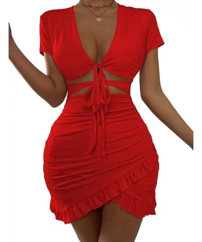 2023 Women's Bodycon Dress Short Sleeve Tied Cut Out Ruched Mini Club Party Summer Dresses XS-XXL A Red $15.07 Dresses