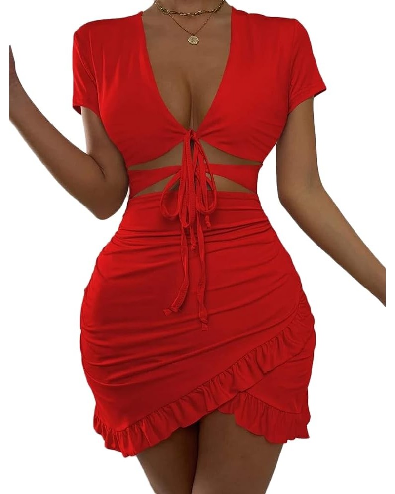 2023 Women's Bodycon Dress Short Sleeve Tied Cut Out Ruched Mini Club Party Summer Dresses XS-XXL A Red $15.07 Dresses