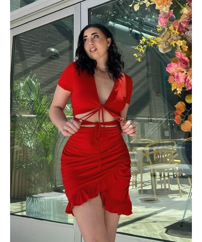 2023 Women's Bodycon Dress Short Sleeve Tied Cut Out Ruched Mini Club Party Summer Dresses XS-XXL A Red $15.07 Dresses