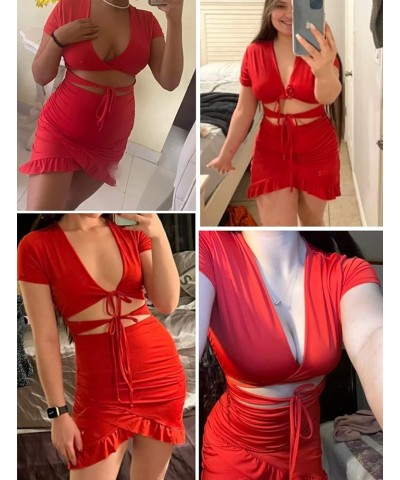 2023 Women's Bodycon Dress Short Sleeve Tied Cut Out Ruched Mini Club Party Summer Dresses XS-XXL A Red $15.07 Dresses