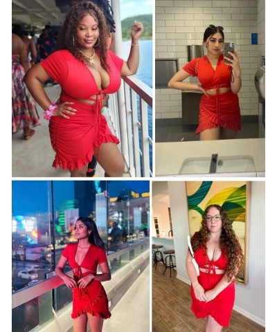 2023 Women's Bodycon Dress Short Sleeve Tied Cut Out Ruched Mini Club Party Summer Dresses XS-XXL A Red $15.07 Dresses