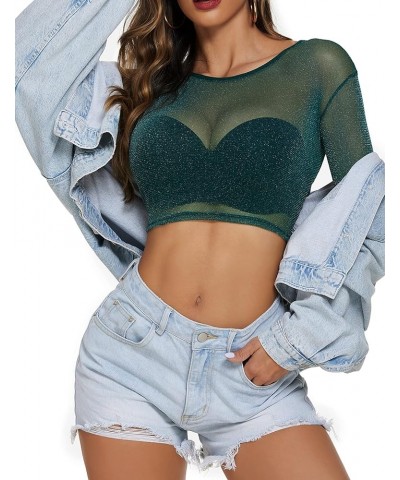 Women Mesh Crop Top Long Sleeve See Through Shirt Sheer Blouse O Neck Clubwear S-4XL Long Sleeve-green(shimmer) $9.02 Tops