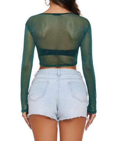 Women Mesh Crop Top Long Sleeve See Through Shirt Sheer Blouse O Neck Clubwear S-4XL Long Sleeve-green(shimmer) $9.02 Tops