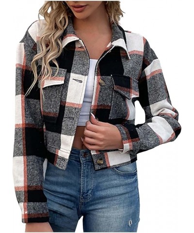 Womens Cropped Plaid Shacket Jackets 2024 Fall Long Sleeve Button Down Short Flannel Shirt Jacket with Pockets 01 Black $14.2...