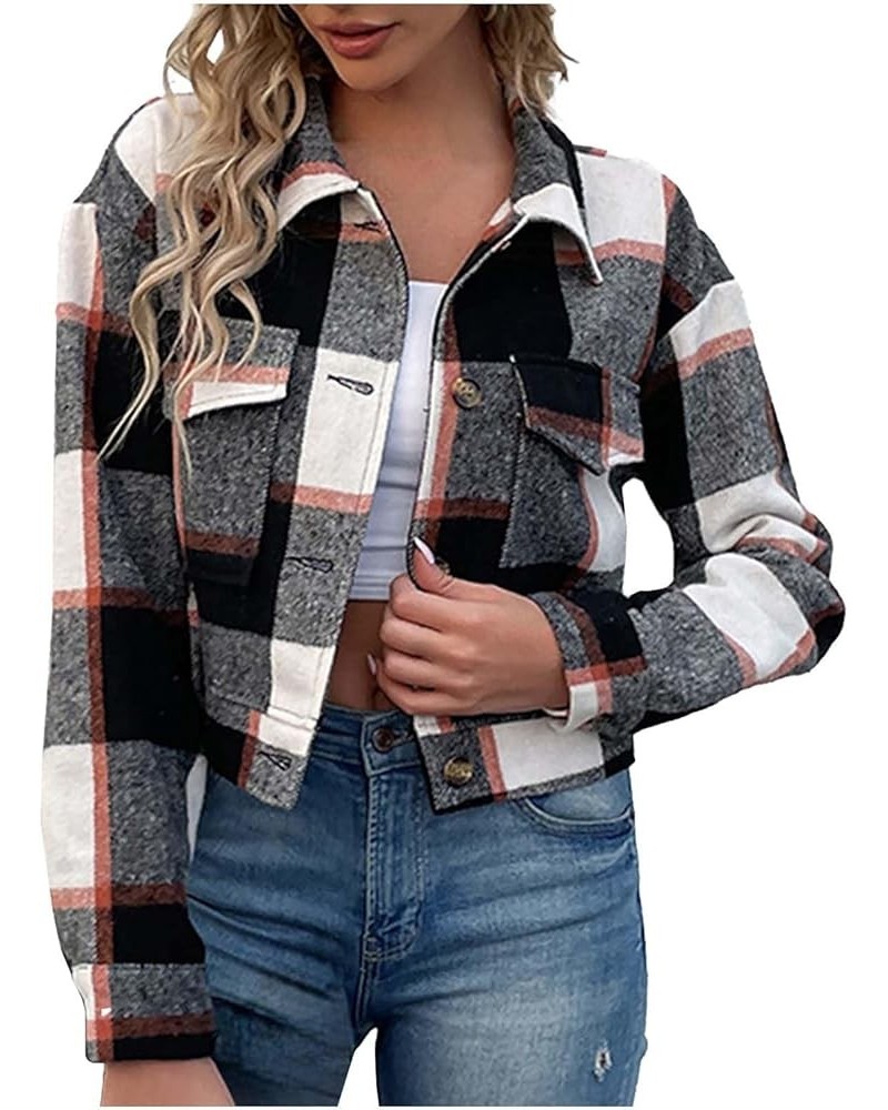 Womens Cropped Plaid Shacket Jackets 2024 Fall Long Sleeve Button Down Short Flannel Shirt Jacket with Pockets 01 Black $14.2...