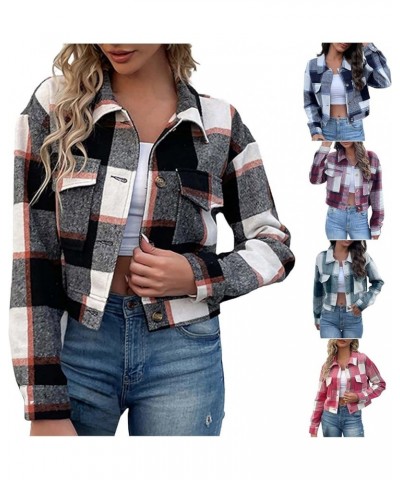 Womens Cropped Plaid Shacket Jackets 2024 Fall Long Sleeve Button Down Short Flannel Shirt Jacket with Pockets 01 Black $14.2...