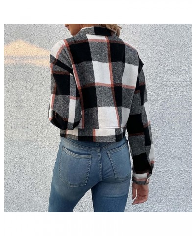 Womens Cropped Plaid Shacket Jackets 2024 Fall Long Sleeve Button Down Short Flannel Shirt Jacket with Pockets 01 Black $14.2...