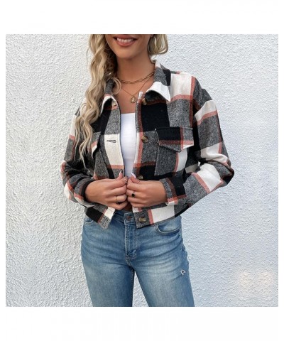 Womens Cropped Plaid Shacket Jackets 2024 Fall Long Sleeve Button Down Short Flannel Shirt Jacket with Pockets 01 Black $14.2...