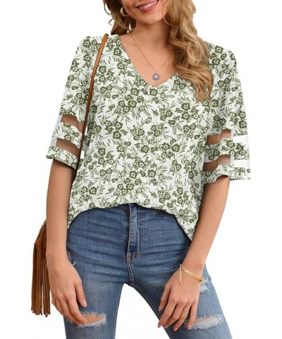 Women's V Neck Chiffon Blouse Mesh Panel Blouse 3/4 Bell Sleeve Loose Top Shirt Green Print $10.79 Blouses