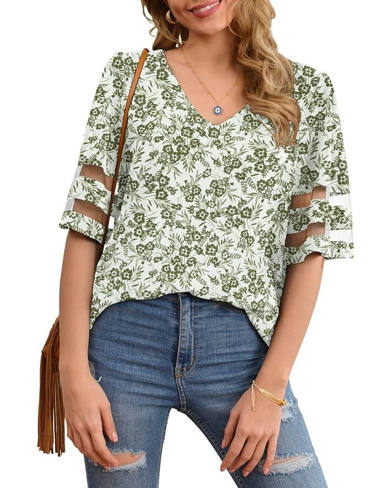 Women's V Neck Chiffon Blouse Mesh Panel Blouse 3/4 Bell Sleeve Loose Top Shirt Green Print $10.79 Blouses