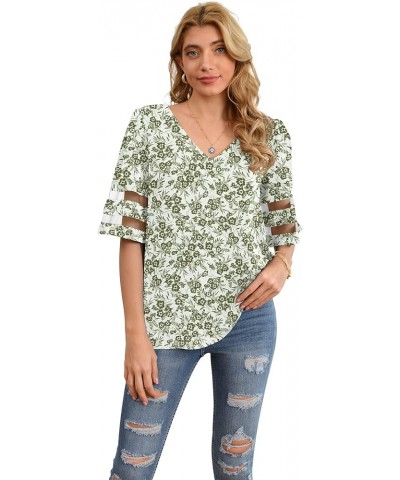 Women's V Neck Chiffon Blouse Mesh Panel Blouse 3/4 Bell Sleeve Loose Top Shirt Green Print $10.79 Blouses