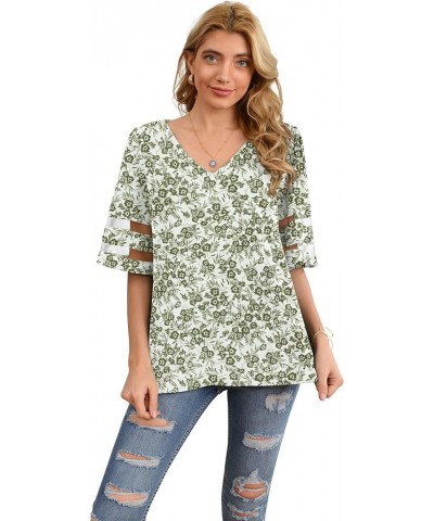 Women's V Neck Chiffon Blouse Mesh Panel Blouse 3/4 Bell Sleeve Loose Top Shirt Green Print $10.79 Blouses