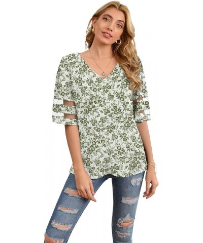 Women's V Neck Chiffon Blouse Mesh Panel Blouse 3/4 Bell Sleeve Loose Top Shirt Green Print $10.79 Blouses