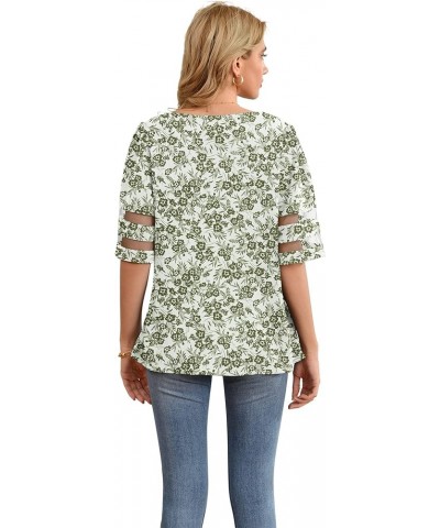 Women's V Neck Chiffon Blouse Mesh Panel Blouse 3/4 Bell Sleeve Loose Top Shirt Green Print $10.79 Blouses