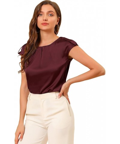 Women's Satin Cap Sleeve Top Pleated Casual Work Office Blouse Burgundy $12.74 Blouses