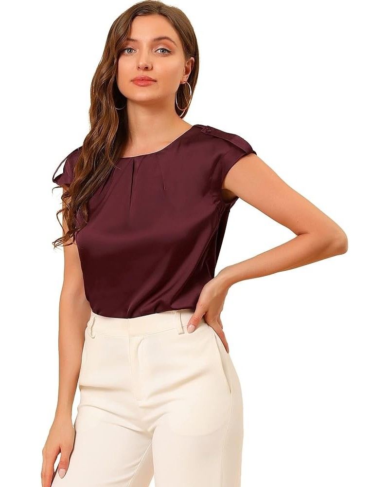 Women's Satin Cap Sleeve Top Pleated Casual Work Office Blouse Burgundy $12.74 Blouses