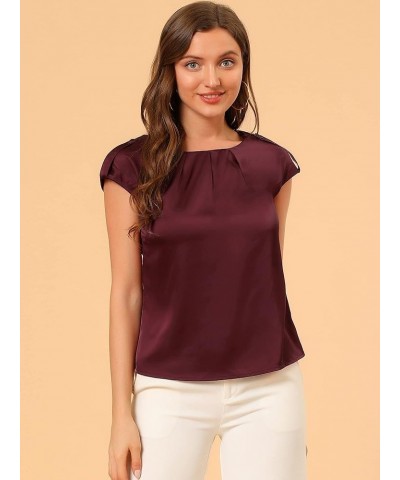 Women's Satin Cap Sleeve Top Pleated Casual Work Office Blouse Burgundy $12.74 Blouses