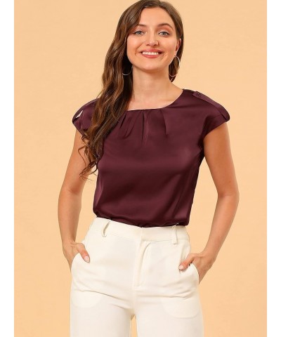 Women's Satin Cap Sleeve Top Pleated Casual Work Office Blouse Burgundy $12.74 Blouses