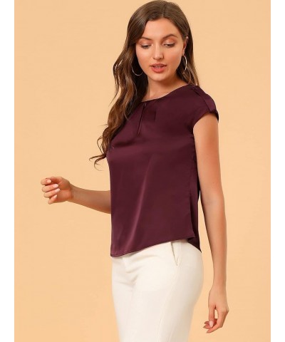 Women's Satin Cap Sleeve Top Pleated Casual Work Office Blouse Burgundy $12.74 Blouses