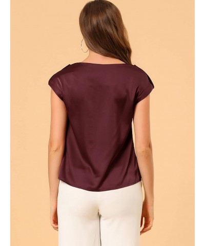 Women's Satin Cap Sleeve Top Pleated Casual Work Office Blouse Burgundy $12.74 Blouses