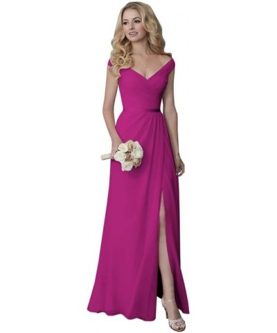 Bridesmaid Dresses Off Shoulder Chiffon - Pleated Formal Evening Dress with Slit Hot Pink $34.64 Dresses