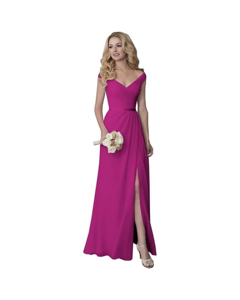 Bridesmaid Dresses Off Shoulder Chiffon - Pleated Formal Evening Dress with Slit Hot Pink $34.64 Dresses