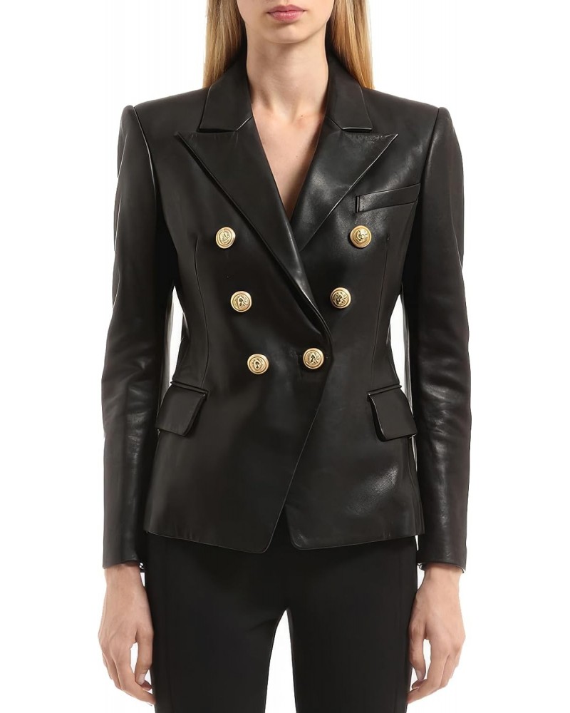 Women’s Black Genuine Sheepskin Notched Collar Outfit Smooth Business Formal Office Coat Leather Blazer $81.60 Coats