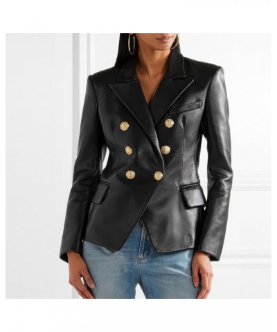 Women’s Black Genuine Sheepskin Notched Collar Outfit Smooth Business Formal Office Coat Leather Blazer $81.60 Coats