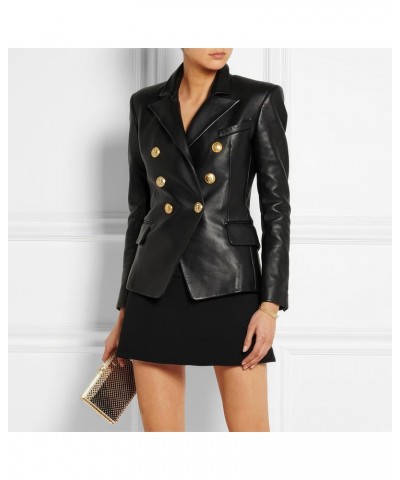 Women’s Black Genuine Sheepskin Notched Collar Outfit Smooth Business Formal Office Coat Leather Blazer $81.60 Coats