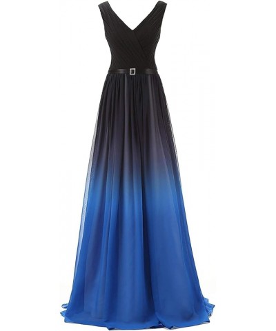 Long A Line Beaded Gradient Ombre Chiffon Formal Prom Evening Dresses V Neck Blue $49.00 Dresses