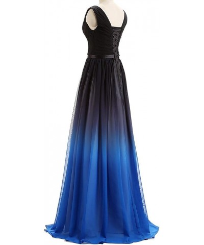 Long A Line Beaded Gradient Ombre Chiffon Formal Prom Evening Dresses V Neck Blue $49.00 Dresses