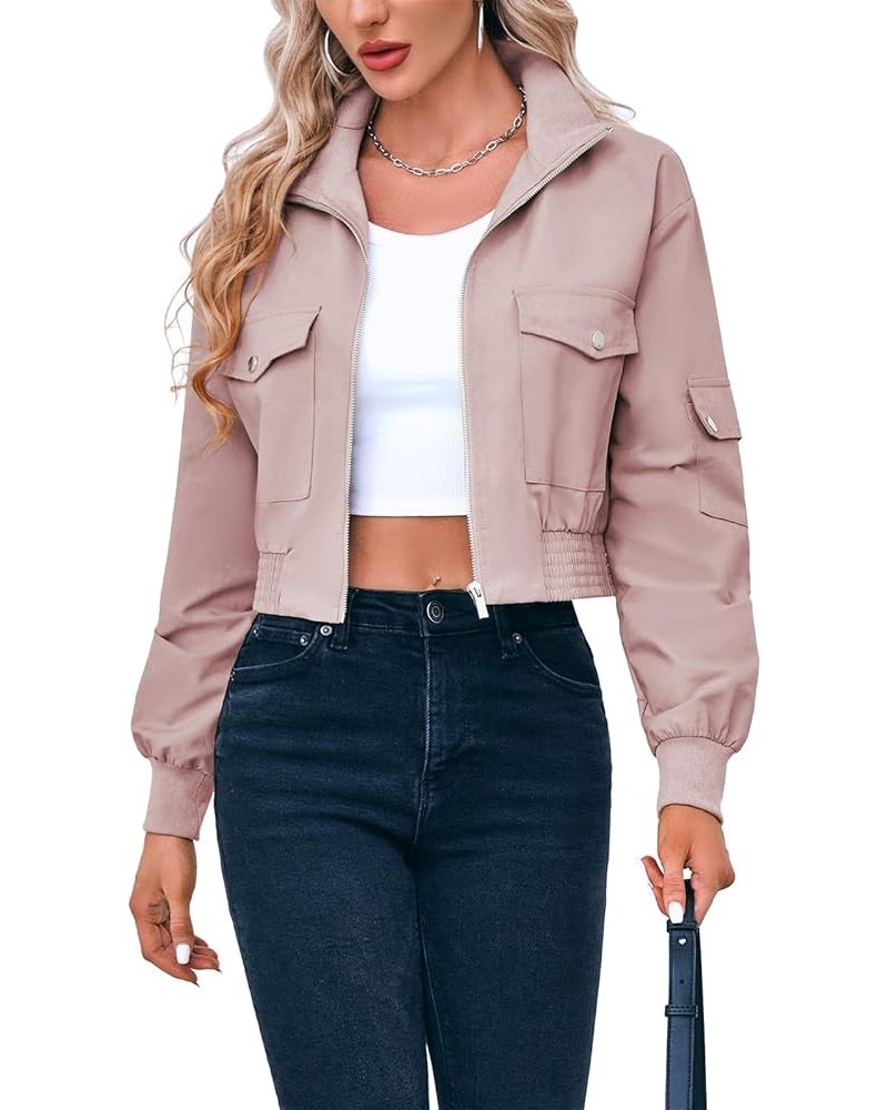 Women's Cropped Bomber Jackets Lightweight Zip Up Stand Collar Long Sleeve Short Jacket with Pockets Pink $19.88 Jackets