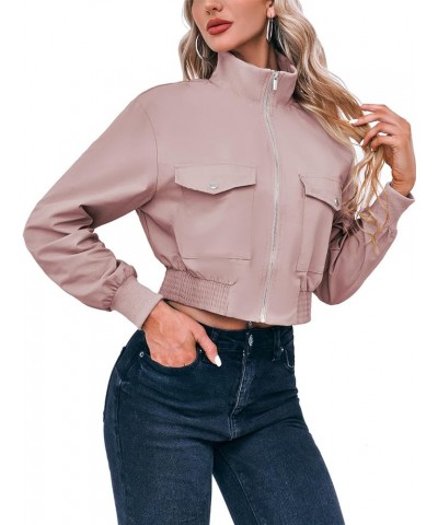 Women's Cropped Bomber Jackets Lightweight Zip Up Stand Collar Long Sleeve Short Jacket with Pockets Pink $19.88 Jackets