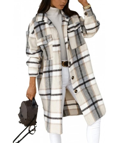 Women's Oversized Flannel Plaid Shacket Jacket Flap Pocket Lapel Button Down Long Shirt Jackets Light Grey $12.74 Jackets