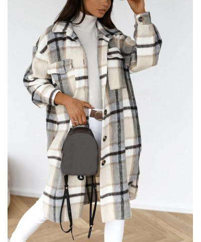 Women's Oversized Flannel Plaid Shacket Jacket Flap Pocket Lapel Button Down Long Shirt Jackets Light Grey $12.74 Jackets