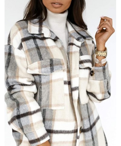 Women's Oversized Flannel Plaid Shacket Jacket Flap Pocket Lapel Button Down Long Shirt Jackets Light Grey $12.74 Jackets