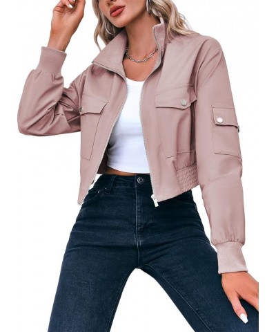 Women's Cropped Bomber Jackets Lightweight Zip Up Stand Collar Long Sleeve Short Jacket with Pockets Pink $19.88 Jackets